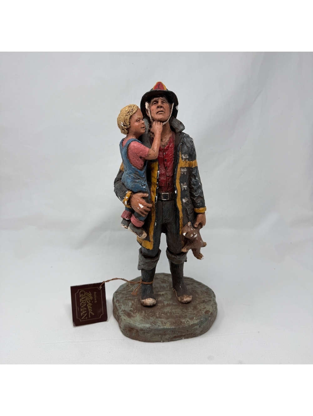 SIGNED Michael Garman 1986 Firefighter With Child Scupture Figureine Art